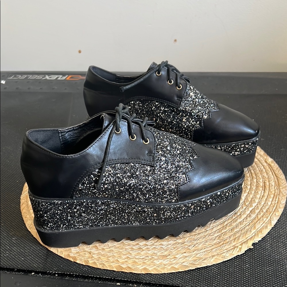Black Glitter Platform Oxford  Funky Shoes Size 38